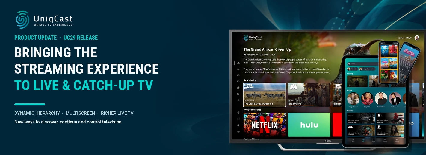 Bringing the Streaming Experience to Live and Catch-Up TV next to a collection of devices showing UniqCast apps screenshots