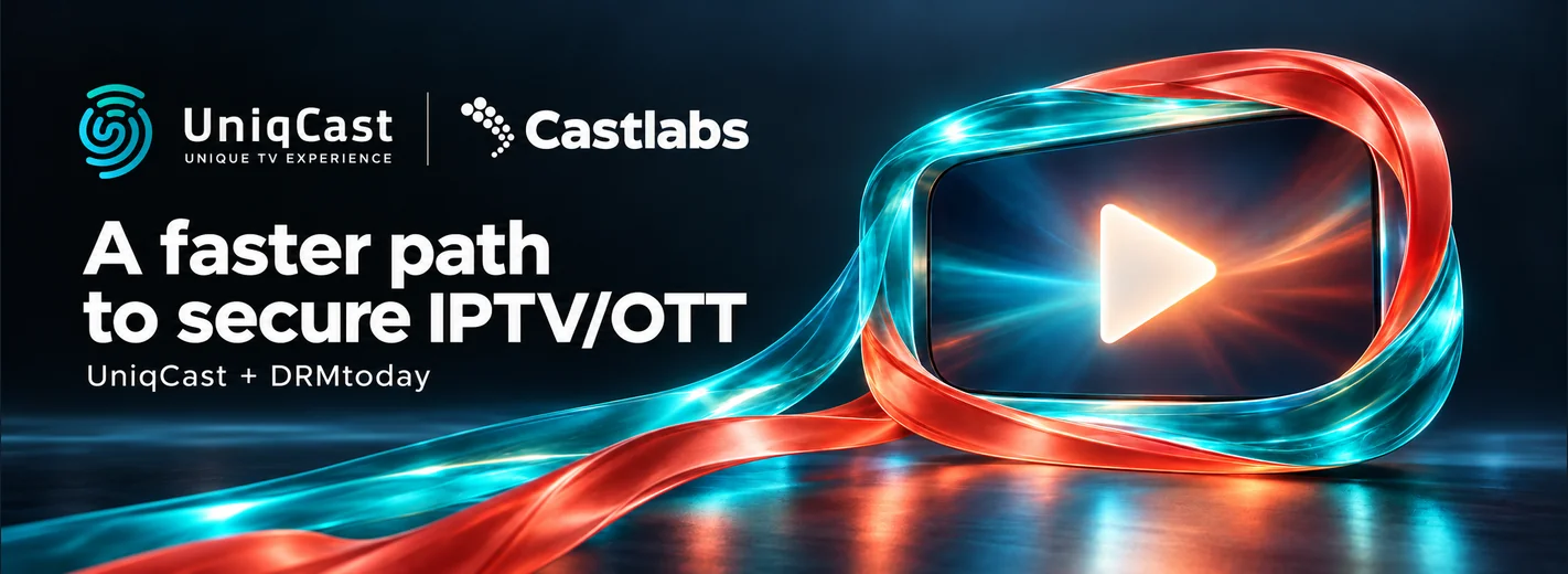UniqCast and Castlabs logos with turquoise and coral ribbons framing a video play symbol