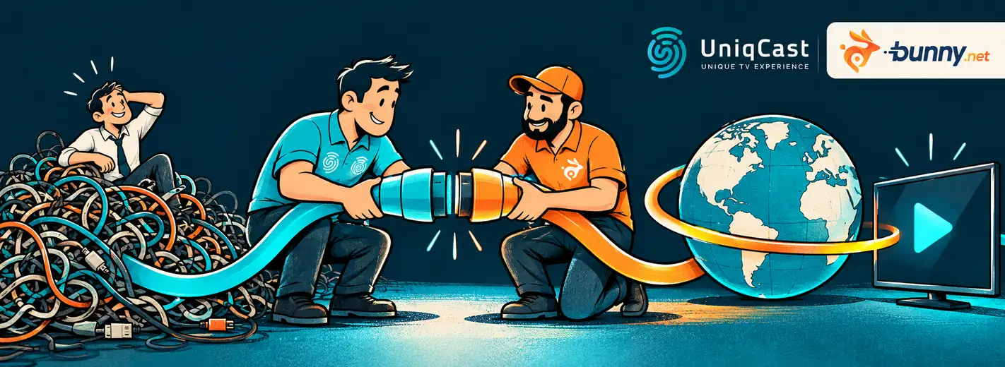 Cartoon technicians connect turquoise and orange cables to simplify global TV delivery, with UniqCast and bunny.net branding.