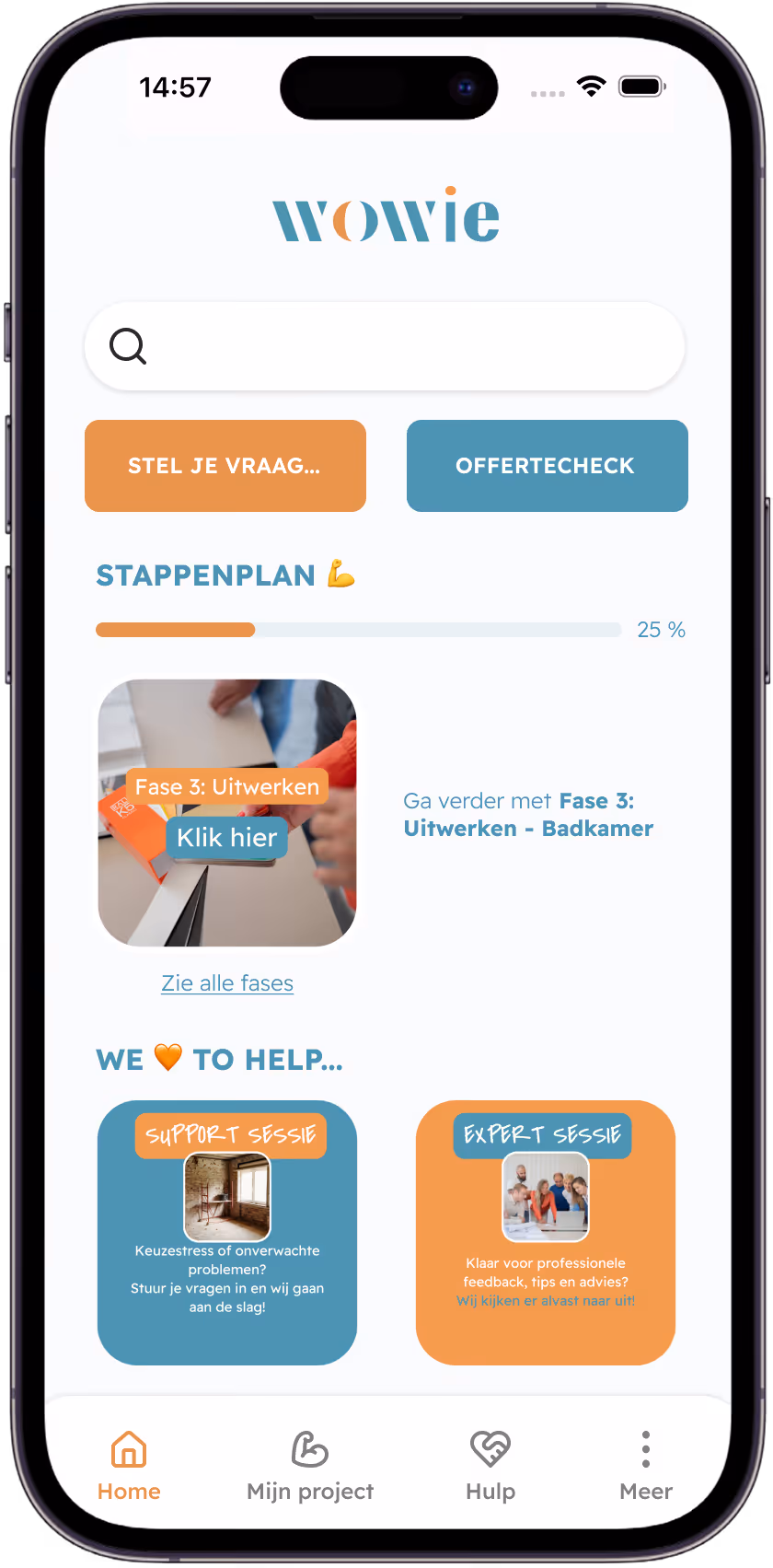 Mobiele appinterface met stappenplan, voortgangsbalk, en opties voor support- en expertsessies.