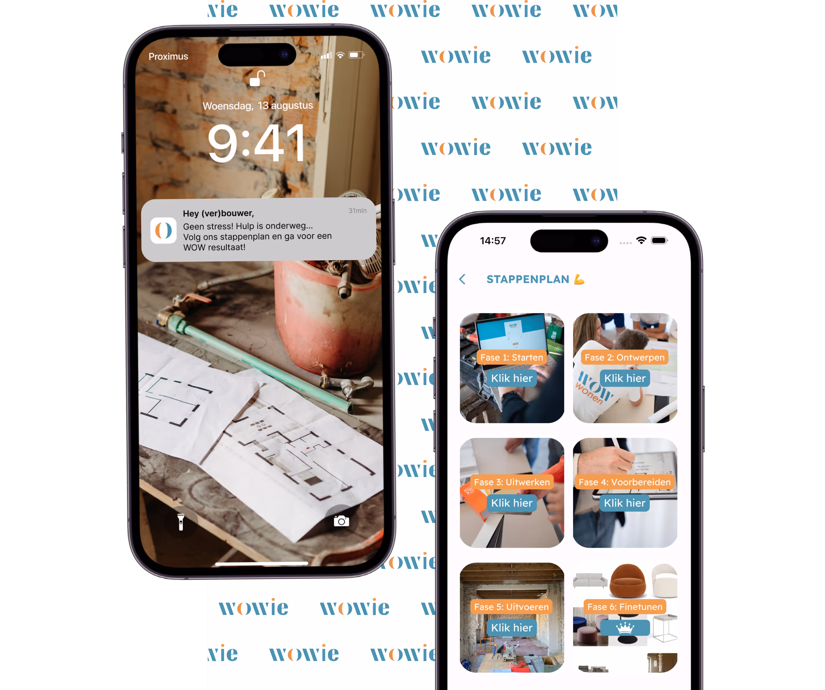 Twee smartphones tonen een bouwproject: de linker met een slotscherm en een bericht over hulp onderweg, de rechter met een stappenplan-app met zes fasen van het bouwproces.