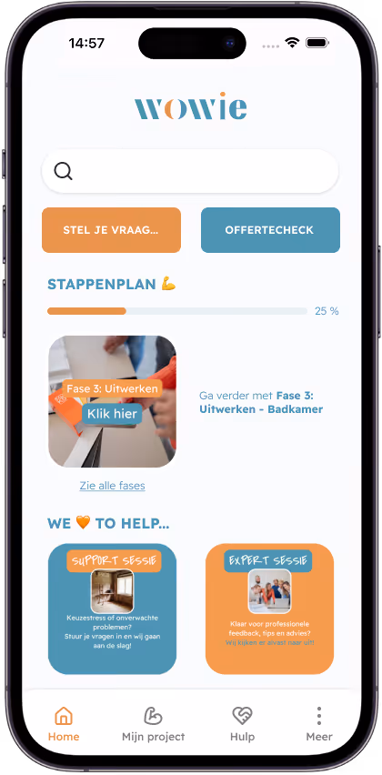 Mobiele app interface van WOW wonen met zoekbalk, knoppen 'Stel je vraag' en 'Offertecheck', voortgangsbalk Stappenplan, en sectie 'We to help' met project- en idee-aanbiedingen.