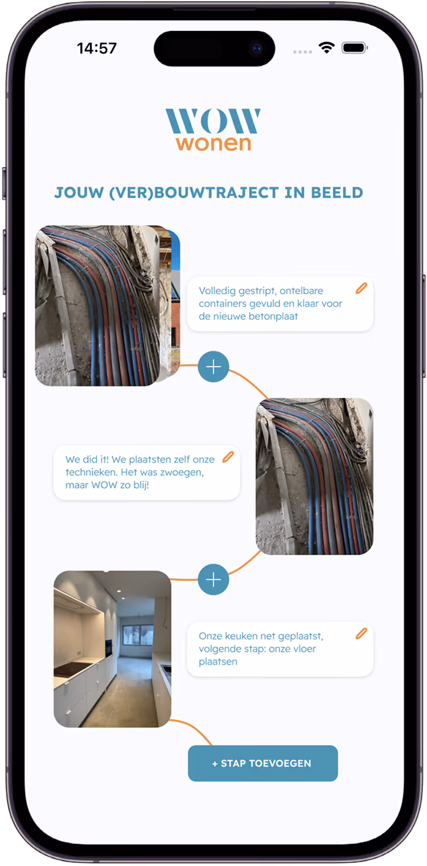 Een smartphonescherm met de interface van de WOWIE app, met opties om een offerte te uploaden, feedback toe te voegen en een chatmelding die ondersteuning biedt aan verbouwers.