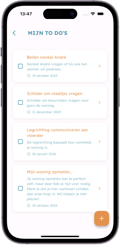 Een smartphonescherm met de interface van de WOWIE app, met opties om een offerte te uploaden, feedback toe te voegen en een chatmelding die ondersteuning biedt aan verbouwers.