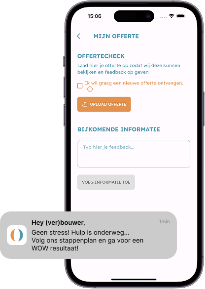 Een smartphonescherm met de interface van de WOWIE app, met opties om een offerte te uploaden, feedback toe te voegen en een chatmelding die ondersteuning biedt aan verbouwers.