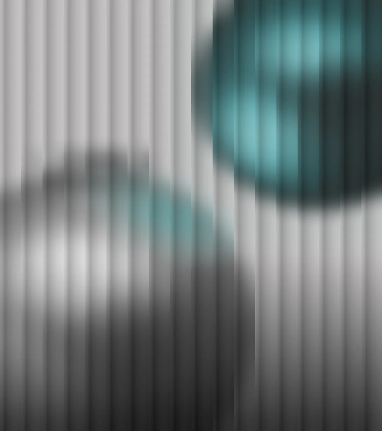 Blurred vertical blinds with shadows forming two overlapping circles in teal and gray shades.