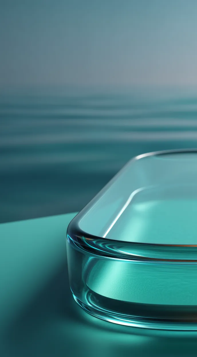 Close-up of a transparent glass container on a teal surface with a soft-focus blue background.