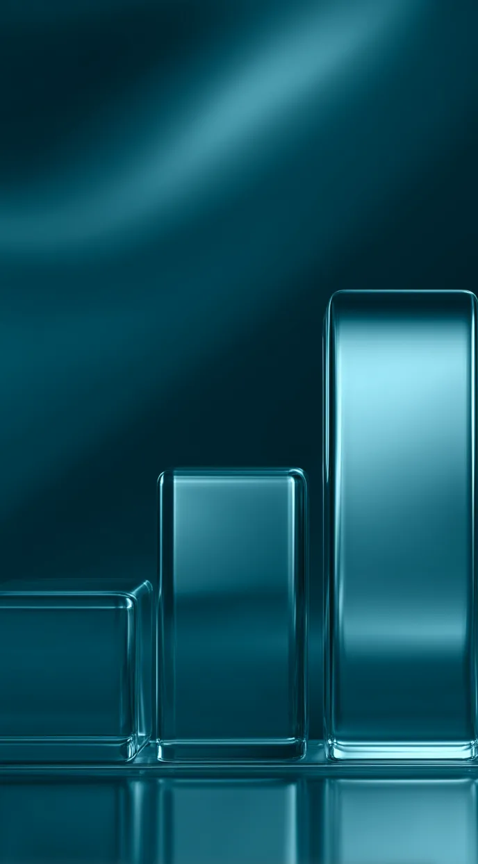 Three transparent blue glass bars of increasing height arranged like a bar chart on a reflective surface against a dark blue gradient background.