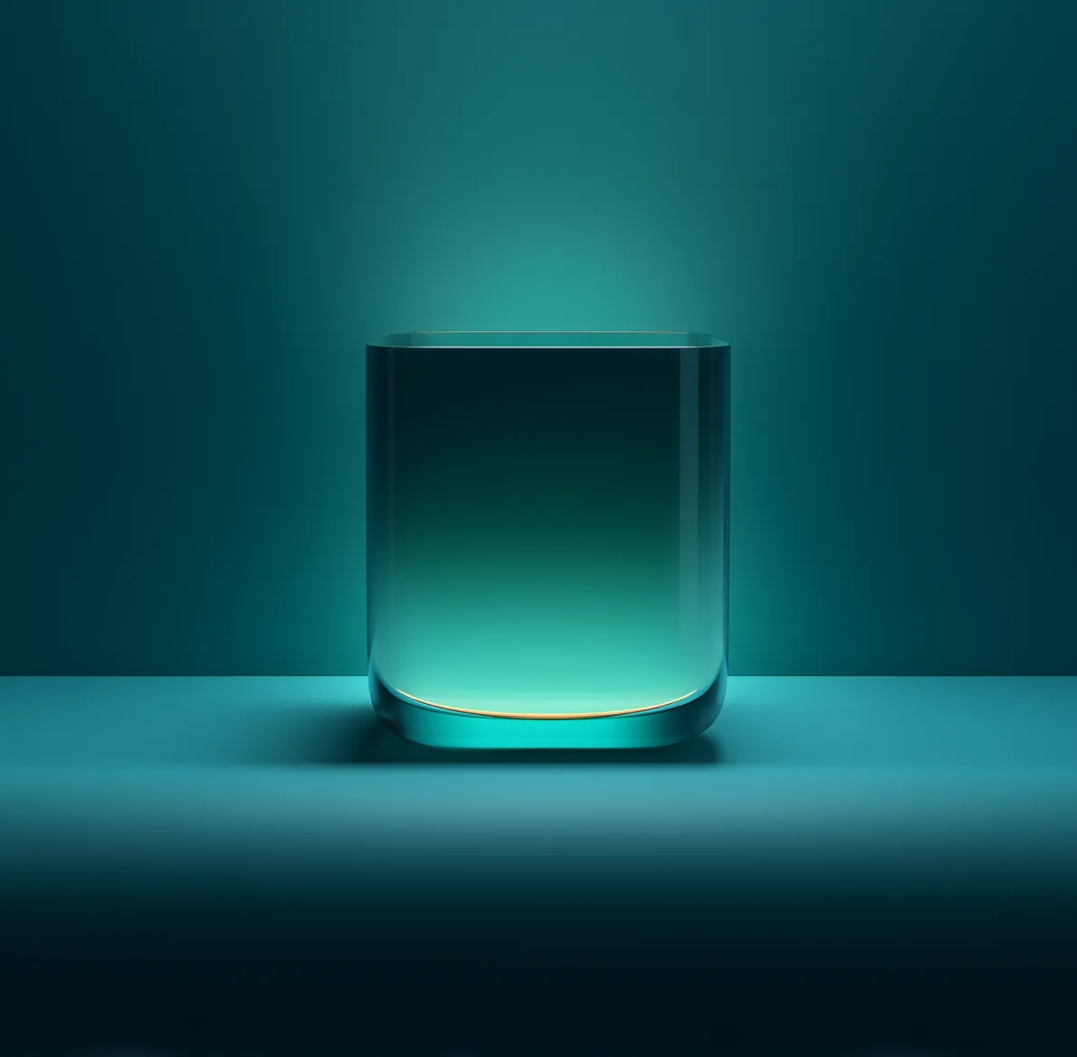 Transparent glass container with a glowing teal light inside, placed on a matching teal surface against a teal background.