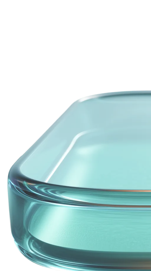 Close-up of a transparent rectangular glass container with rounded edges.