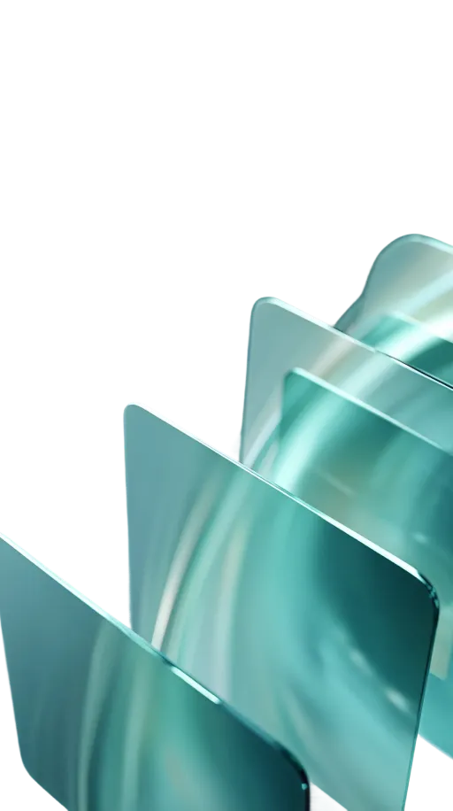 Close-up of translucent, curved glass panels arranged in a staggered row with a teal and silver gradient.