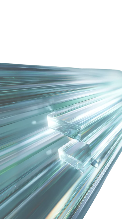 Abstract image of glowing translucent glass or crystal rectangular bars extending into light.
