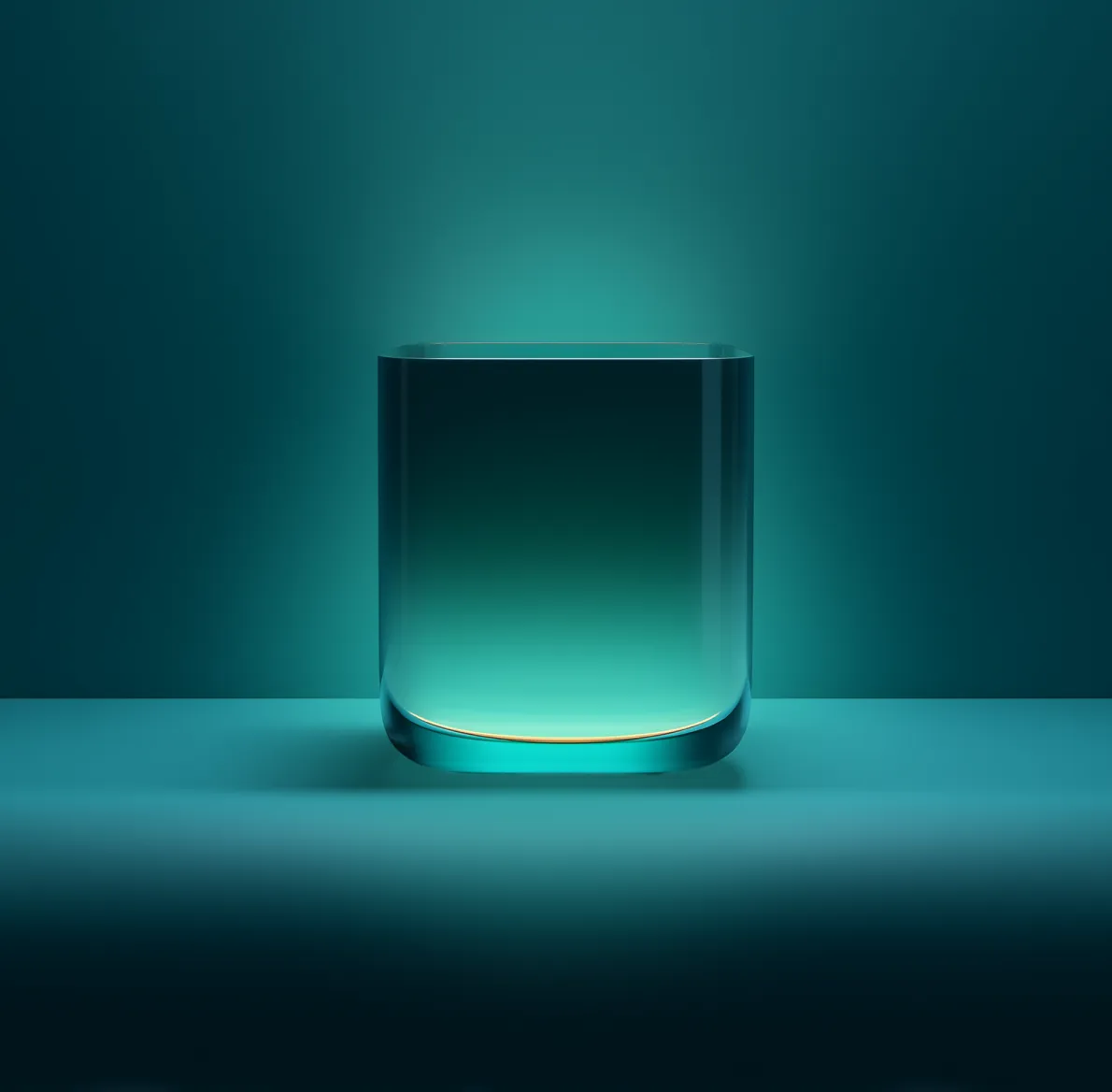 Empty transparent square glass with rounded edges illuminated with teal light on a matching surface and background.