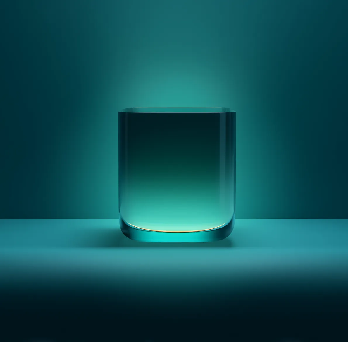 A transparent cylindrical glass container with a subtle glowing light near the base against a teal gradient background.