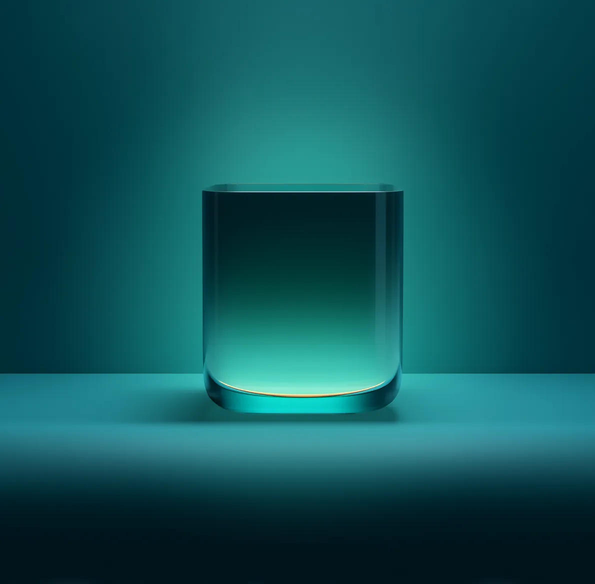 A transparent glass with rounded edges displaying a teal gradient background and reflective surface.