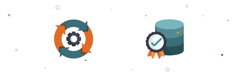 Illustraties van een cyclisch dataproces en een gevalideerde database – symbool voor meer consistentie en verbeterde datakwaliteit met MDM.