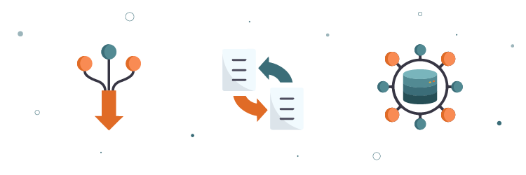 Illustraties van gegevensconsolidatie, data-uitwisseling en centrale opslag – visuele weergave van de praktische aanpak van Master Data Management.