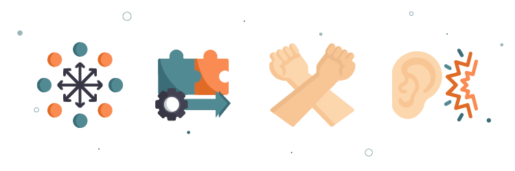 Illustraties van verspreide data, integratie-uitdagingen, interne weerstand en misvattingen – visuele weergave van veelvoorkomende MDM-uitdagingen.