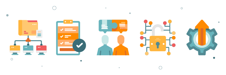 Illustraties van databronnen, checklisten, klantinteractie, databeveiliging en optimalisatie – visuele weergave van de stappen om een Single Customer View op te bouwen en te beheren.