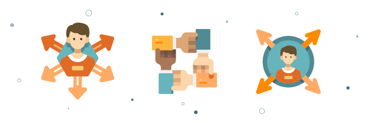 Illustraties van een klant met verspreide data, samenwerking tussen afdelingen en een centraal klantbeeld – visuele weergave van het belang van een Single Customer View voor uniforme klantinformatie.