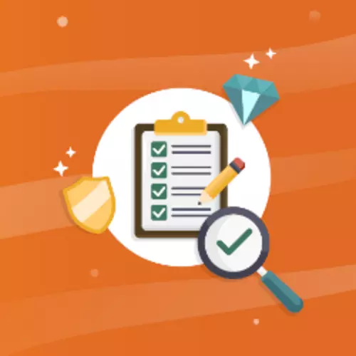 Illustratie van een checklist met vinkjes, loep, schild en diamant. Symbool voor controle, veiligheid en waarde van datakwaliteit.