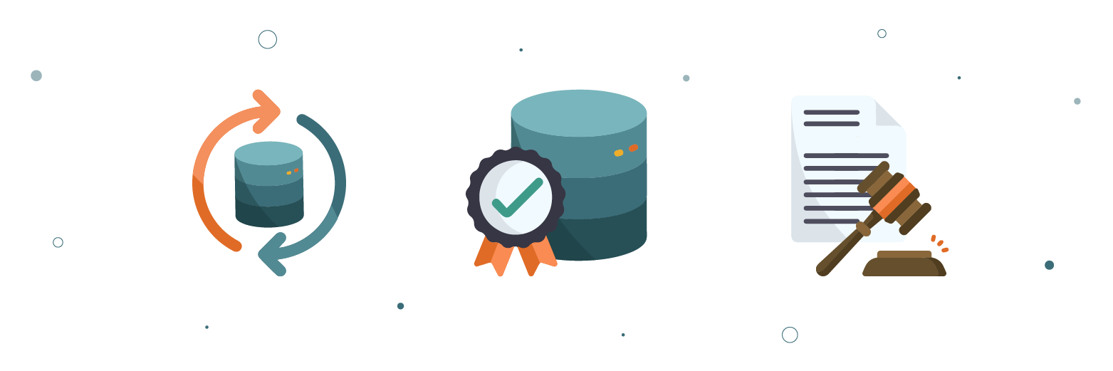 Illustraties van databeheer, kwaliteitswaarborg en wetgeving, symbool voor de voordelen van het combineren van MDM met een 360 graden klantbeeld.