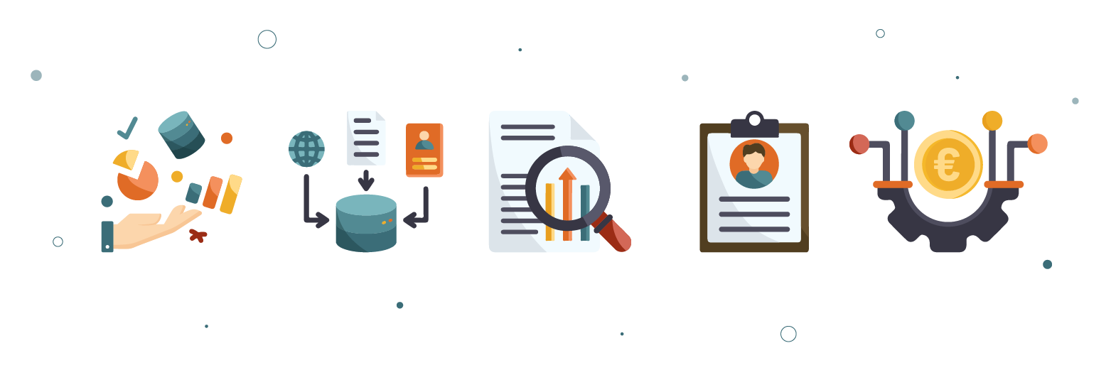 Visuele weergave van het proces achter een 360 graden klantbeeld: van data verzamelen en integreren tot analyseren, profileren en toepassen.