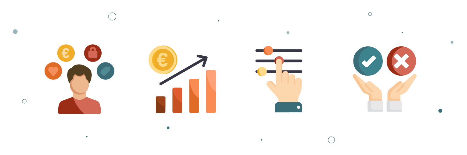 Illustraties van klantdata, groeigrafiek, keuzemenu en besluitvorming – visuele uitleg van wat een 360 graden klantbeeld omvat en mogelijk maakt.