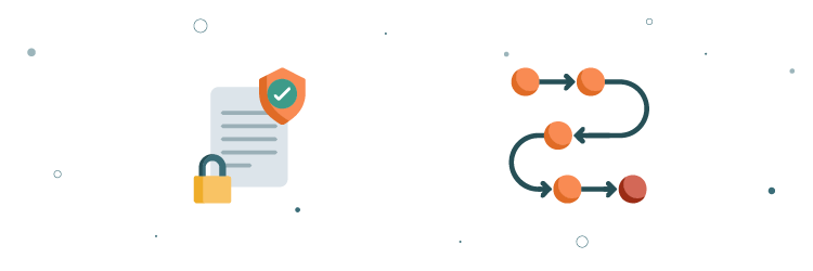 Illustraties van een beveiligd document en een gestroomlijnd procespad – symbool voor compliance en vereenvoudigde operationele processen.