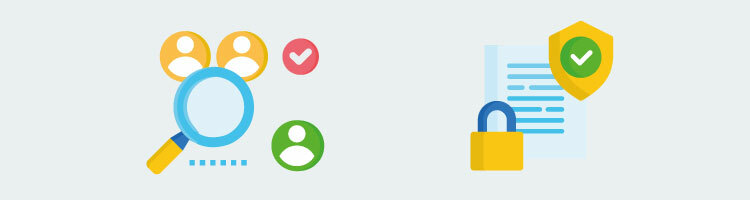 Illustraties van een vergrootglas met gebruikersiconen en een slot met schild – symbool voor klantenscreening en gegevensbescherming.