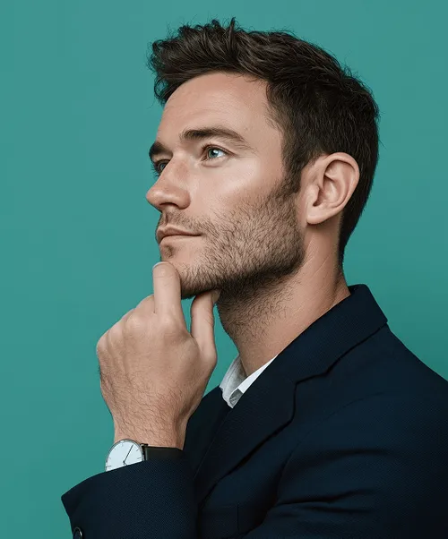 A serious professionally dressed man with his hand on his chin, portraying strategic thinking and leadership in recruitment decisions.