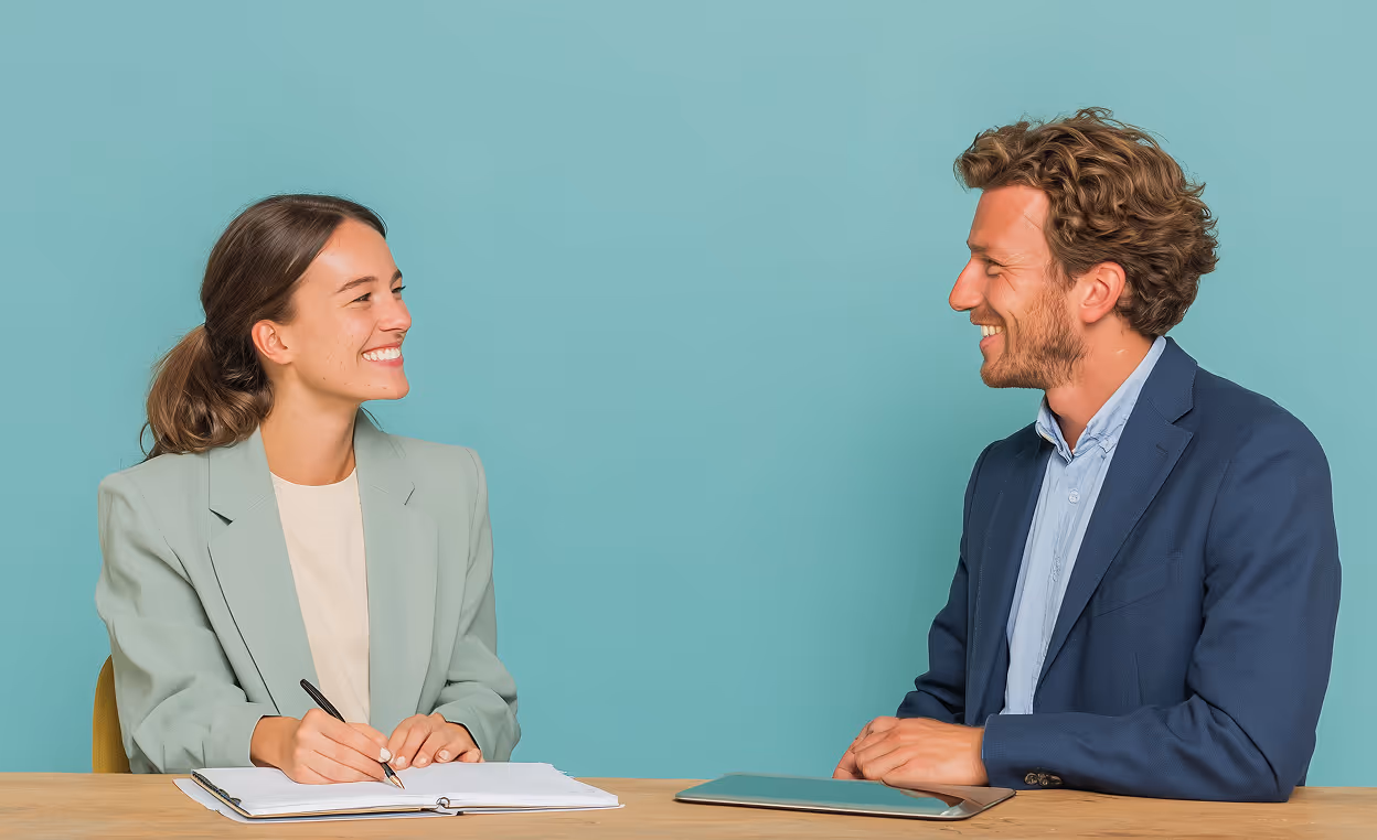 A professionally dressed man and woman engaged in a business conversation, suggesting successful negotiation and strategic HR decision-making.