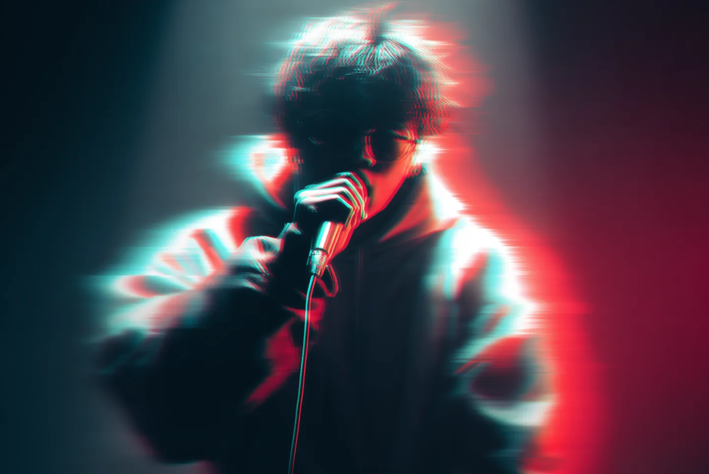Man singing into a microphone with glitch effect lighting in red and blue tones.