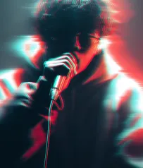 Person holding a microphone with glitch effect and colored light distortion.