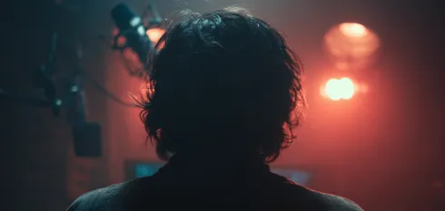 Silhouette of a person with curly hair facing a microphone in a dimly lit recording studio with warm backlighting.