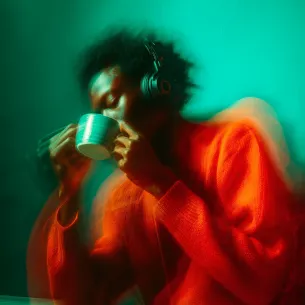 Person in an orange sweater wearing headphones and holding a cup against a green background.