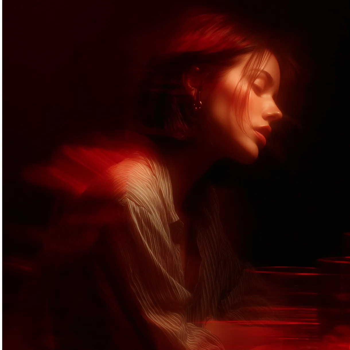 Portrait of a woman with closed eyes bathed in warm red light, wearing a striped shirt and hoop earrings.