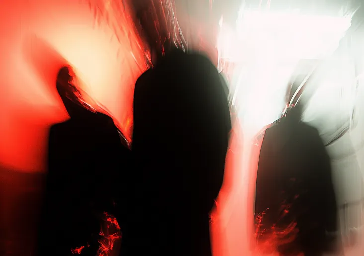 Abstract blurred silhouettes of three people against a red and white background.
