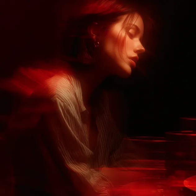 Side profile of a woman with closed eyes illuminated by soft red lighting, wearing earrings and a striped shirt.
