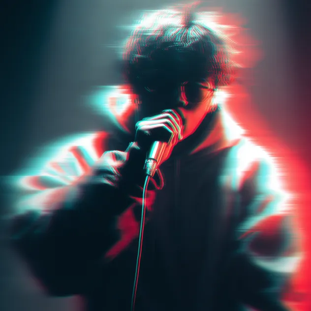 Blurred image of a person holding a microphone, performing with neon red and cyan light effects.