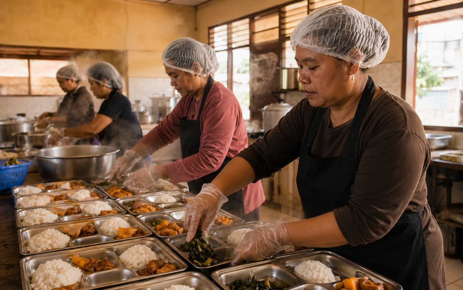 Kitchen staff preparing nutritious meal trays for the SPPG program