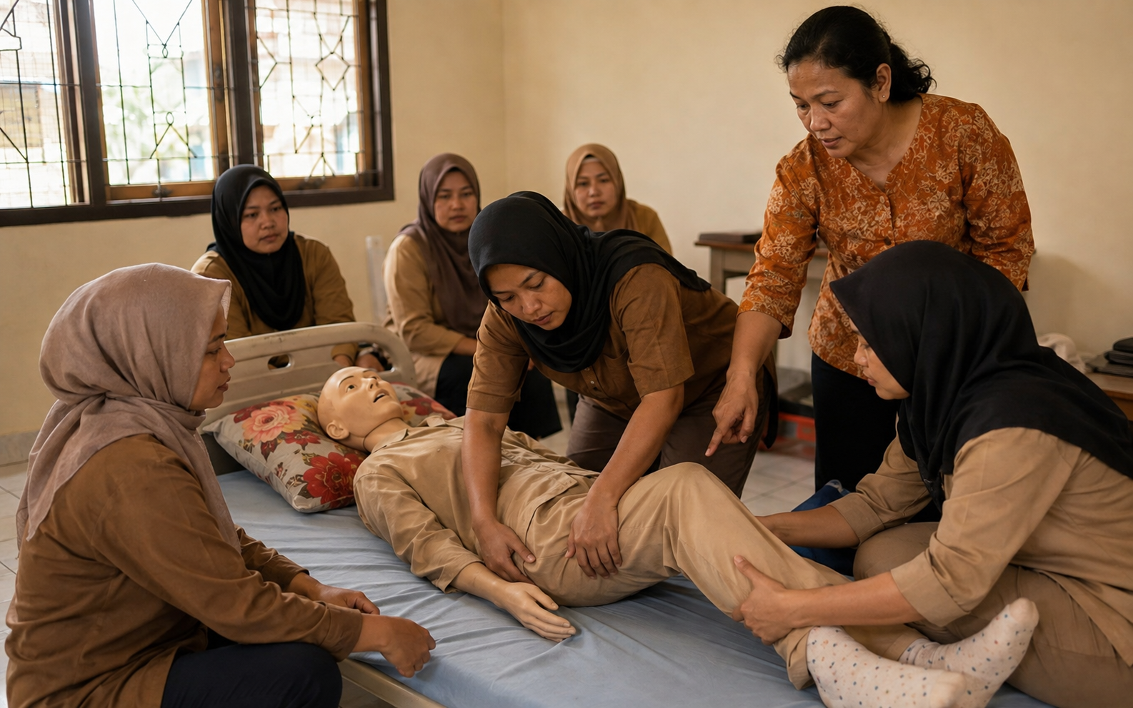 Caregiver training session with trainees practicing patient care