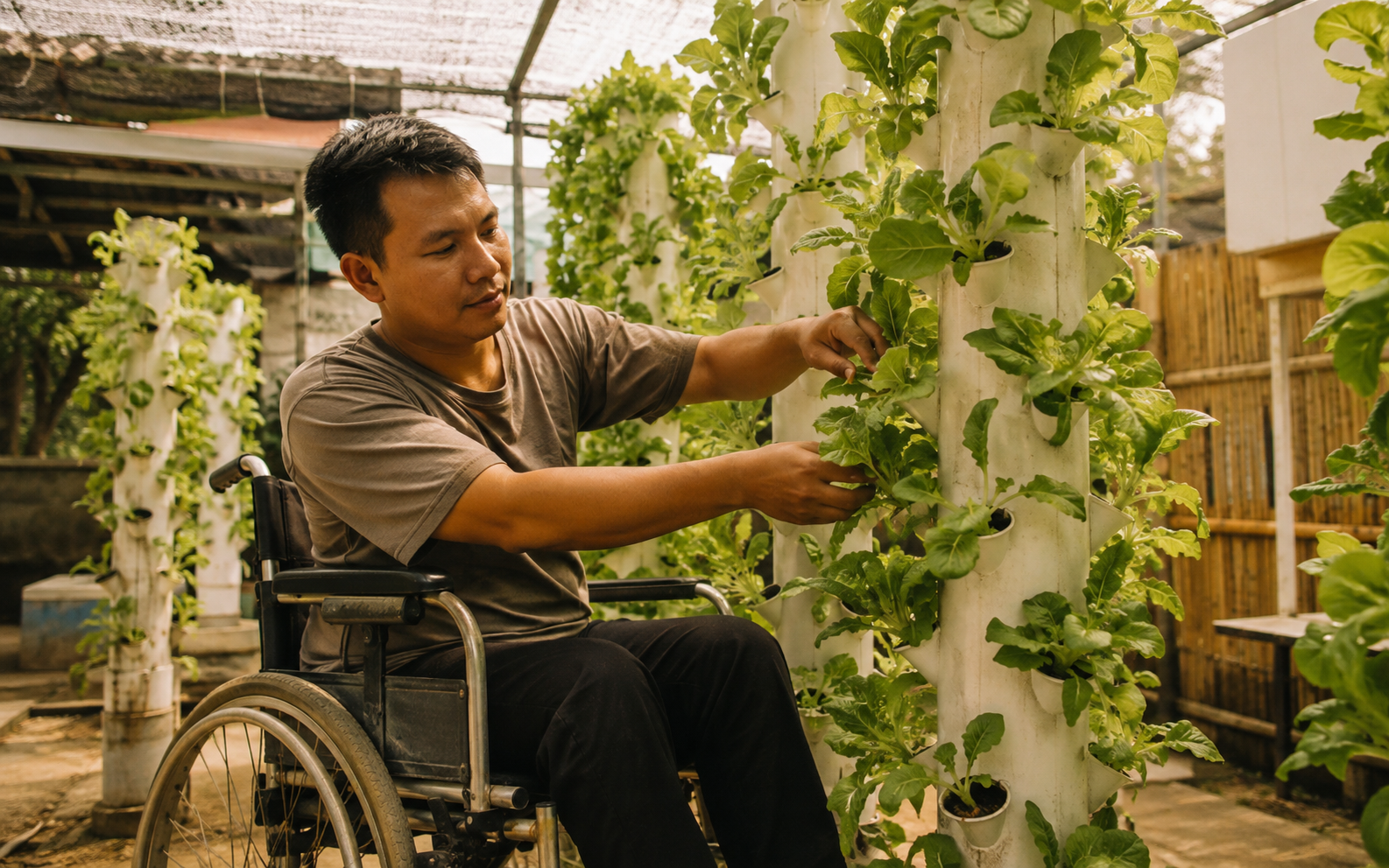 A hydroponic farmer in a wheelchair tending vertical vegetable towers