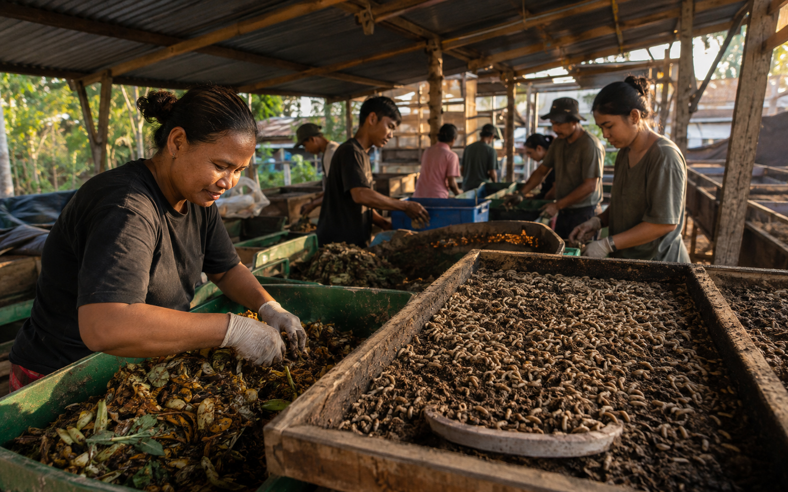 Community workers sorting food waste for maggot bioconversion