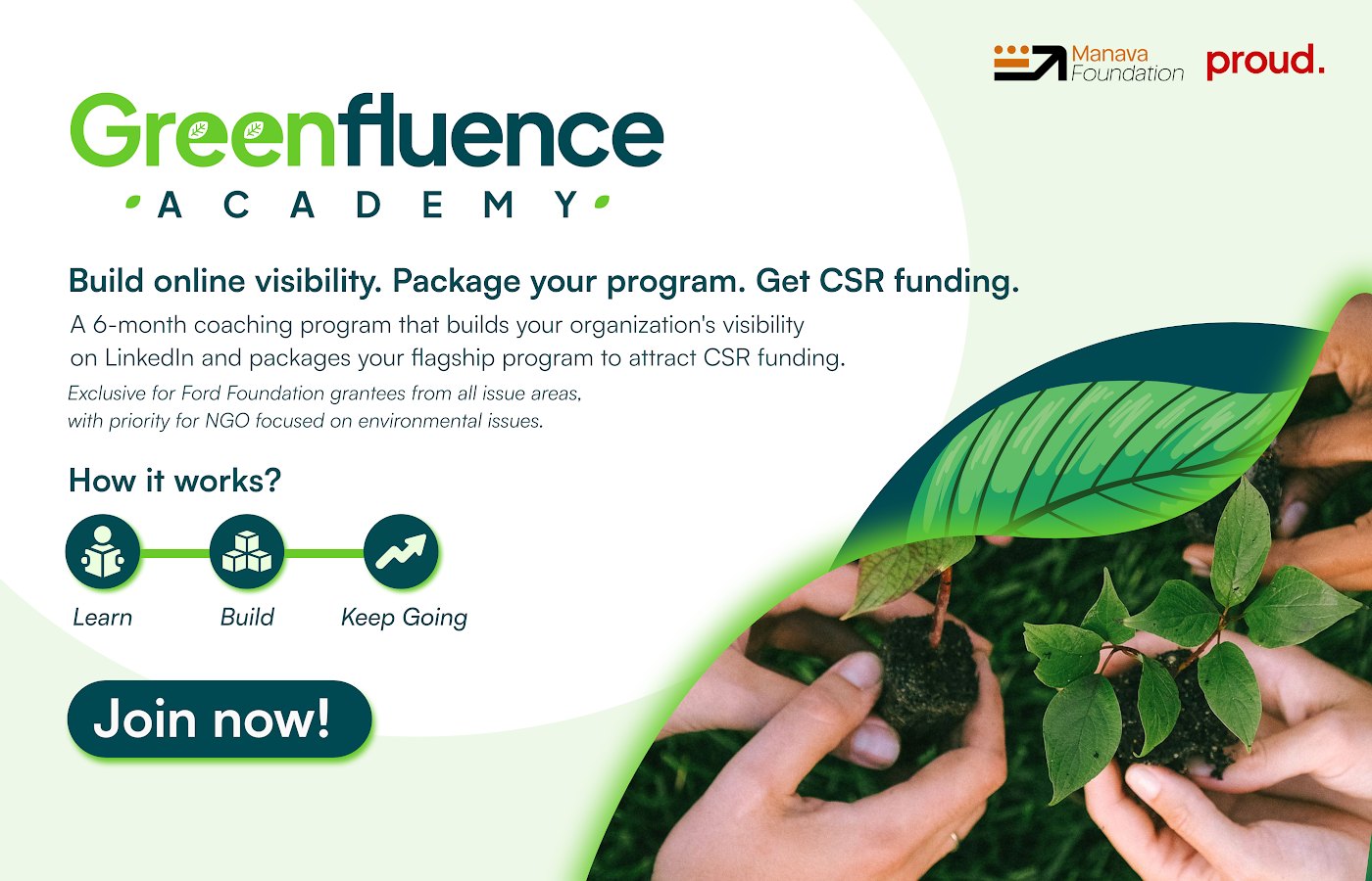 Banner Greenfluence Academy, program coaching pendanaan CSR dari Manava Foundation