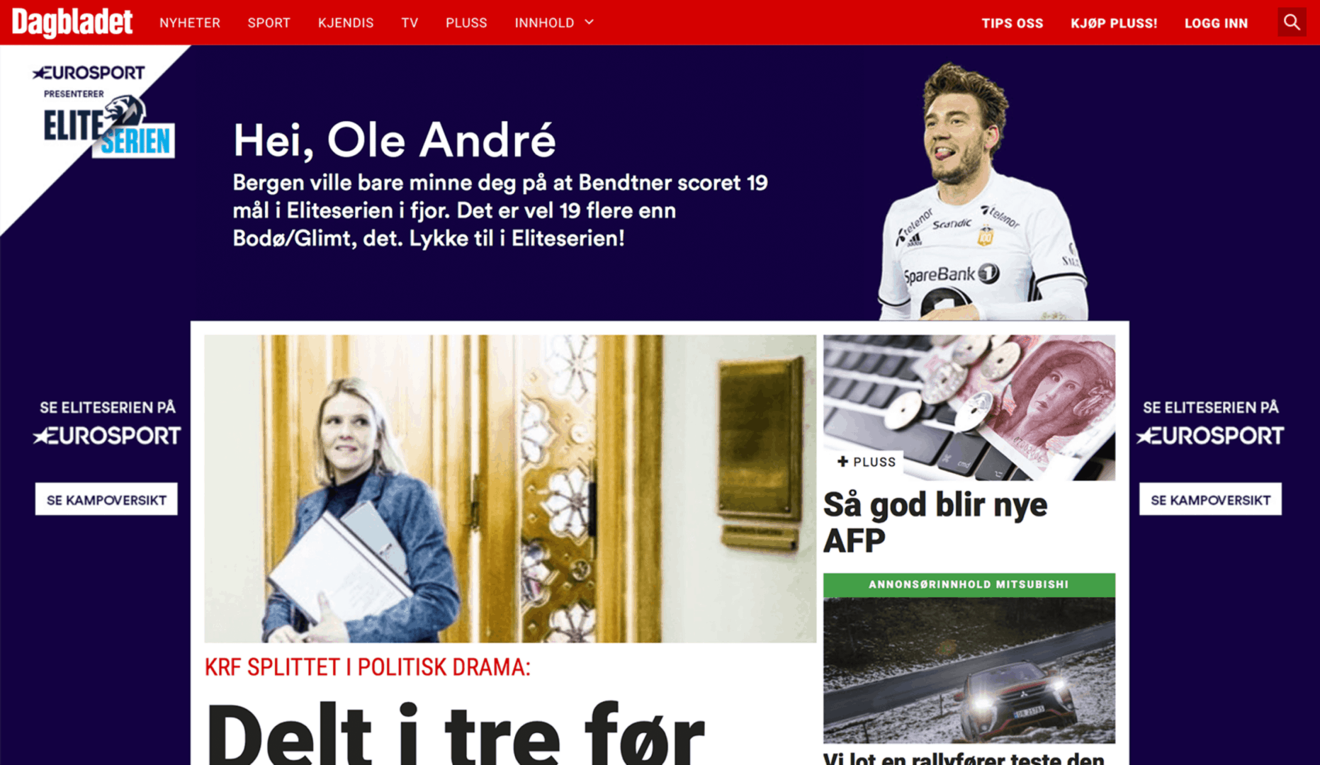 Personlig banner på forsiden av Dagbladet