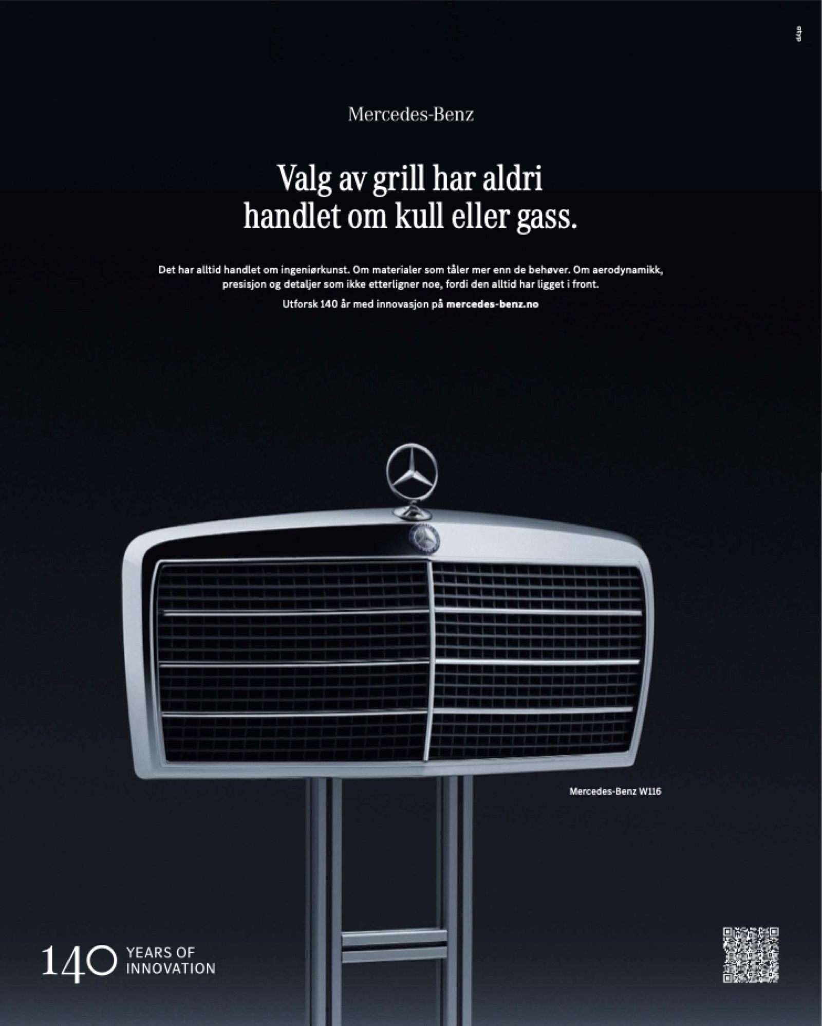 Annonse: den brede grillen fra Mercedes-Benz W116 på grillbein.