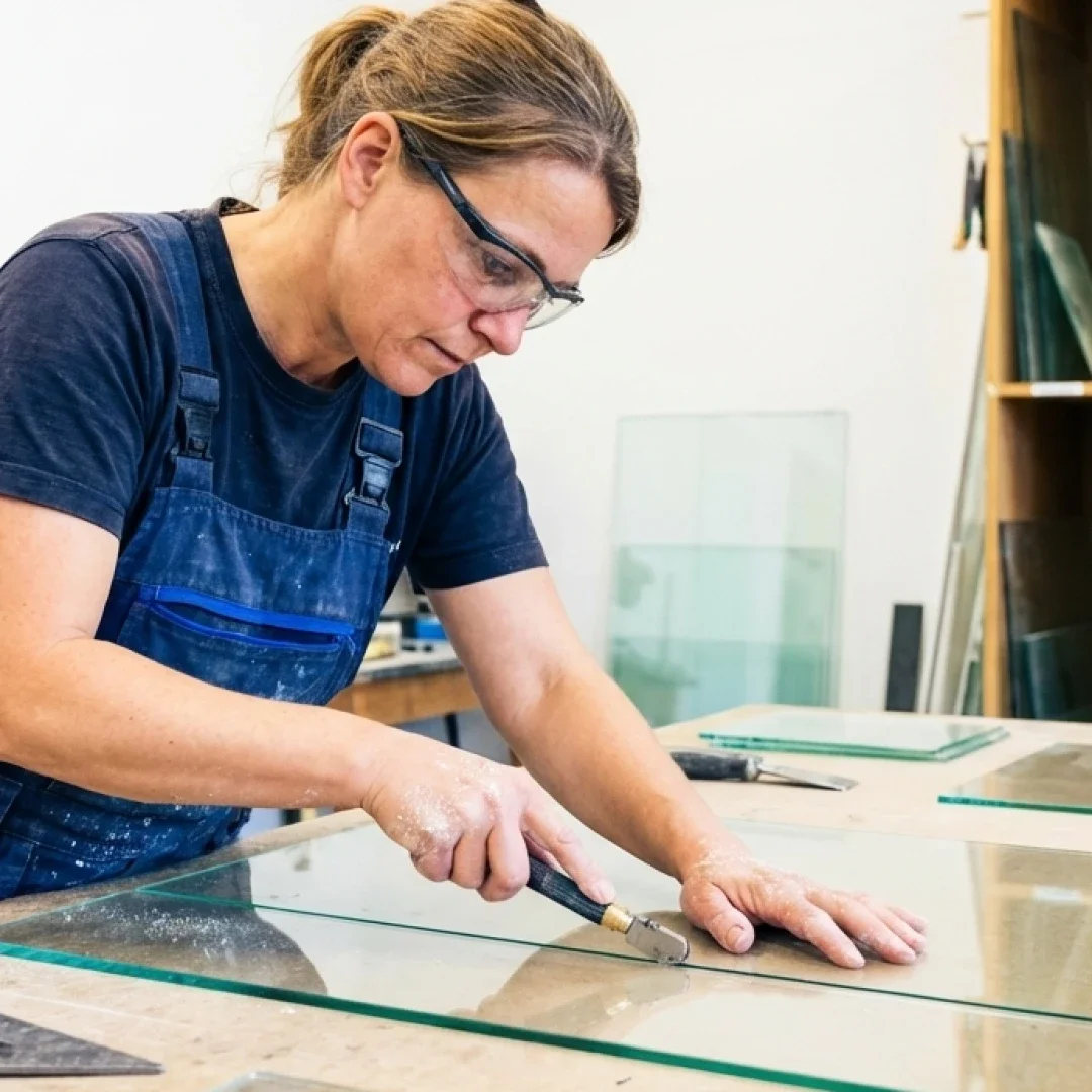 Frau in Schutzbrille schneidet vorsichtig Glas auf einem Werkbank in einer Werkstatt.