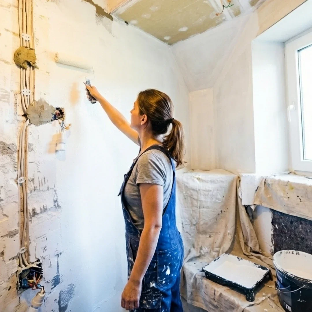 Frau streicht eine Wand mit weißer Farbe in einem renovierten Raum mit Fenster.