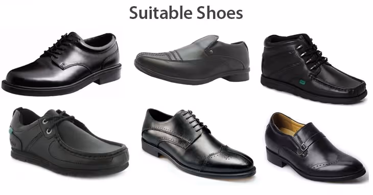 Collection of six different styles of black formal and casual shoes labeled Suitable Shoes.